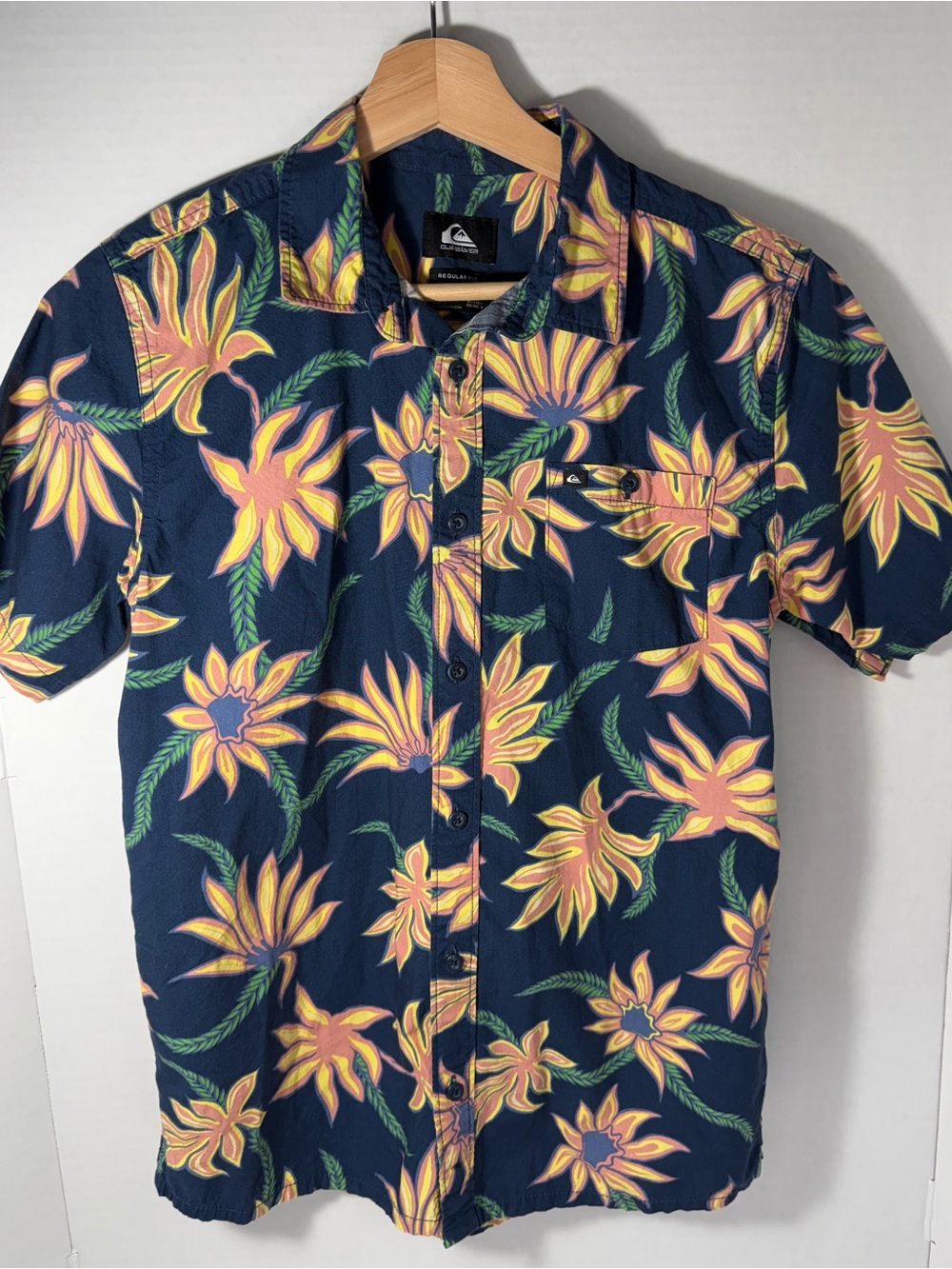 Quiksilver Navy Blue Floral Camp Shirt with Yellow-Pink Blooms
